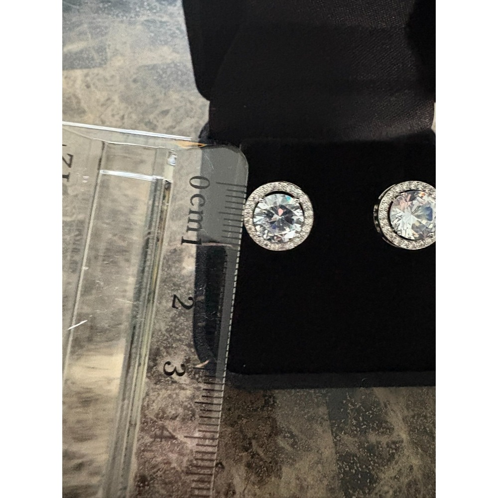 Silver Tone Round Halo Cubic Zirconia Stud Earrings Brilliant Cut Pave Border - Picture 10 of 14